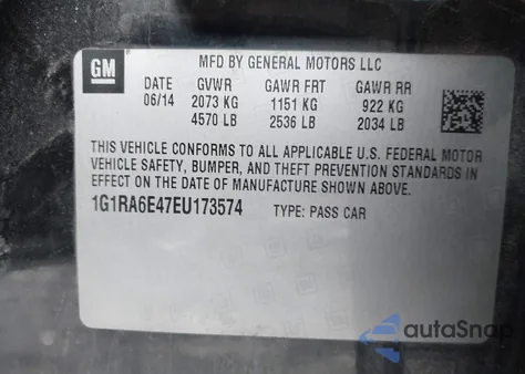 2014 Chevrolet Volt из США, поврежденный, VIN 1G1RA6E47EU173574